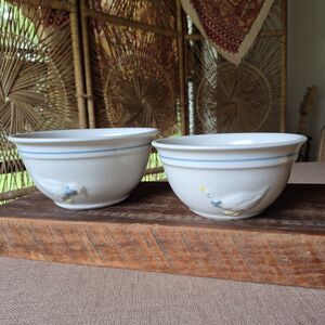 Set of 2 Mixing Bowls Duck Goose with Blue Bow 7.5 & 6.5" Hand Painted Cottage